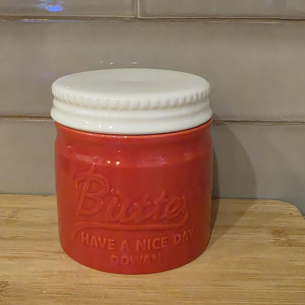 DOWAN Butter Bell Crock Red White Ceramic French Butter Keeper Dish Mason Jar